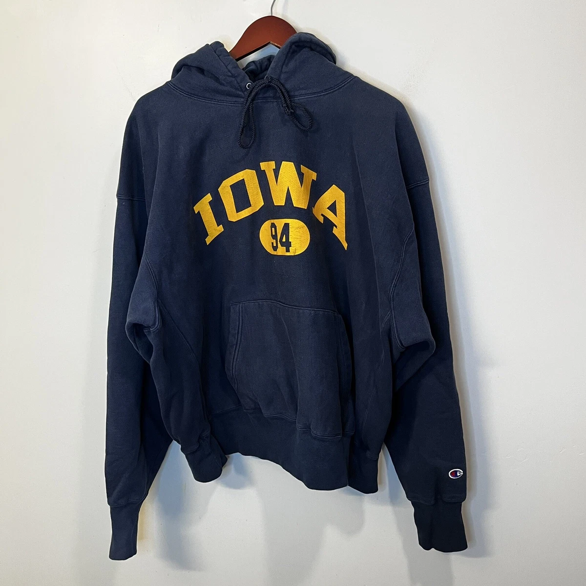 90s Vintage Champion Reverse Weave Blue IOWA 47 Hoodie Sweatshirt Size L
