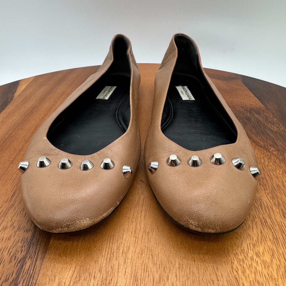 Balenciaga Shoes 37.5 Logo Ballet Flats Beige Leather