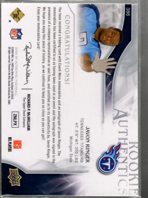 A1642- 2009 SP Authentic #386 Javon Ringer RC Auto Patch /999 SAMPLE PIC - Image 2 of 2