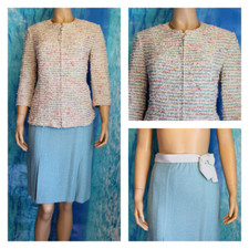 ST. JOHN Collection Knits Blue Cream Jacket Skirt L 10 12 2pc Suit Multicolor