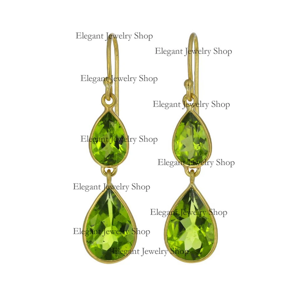 Dangle Drop Peridot Gemstone Earrings 14k Yellow Gold Handmade Fine Jewelry Gift - Image 2 of 3