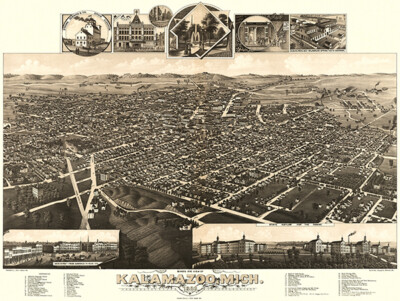 Kalamazoo, Michigan - 1883 - Aerial Bird's Eye View Map Poster