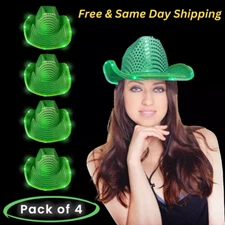 GREEN Sequin Cowboy Hat with Flashing GREEN LED Brim 4 Hats by Party Glowz