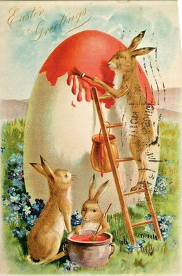 Postcard Easter Greeting Card Anthropomorphic Rabbits Painting Egg 6 X 4 In