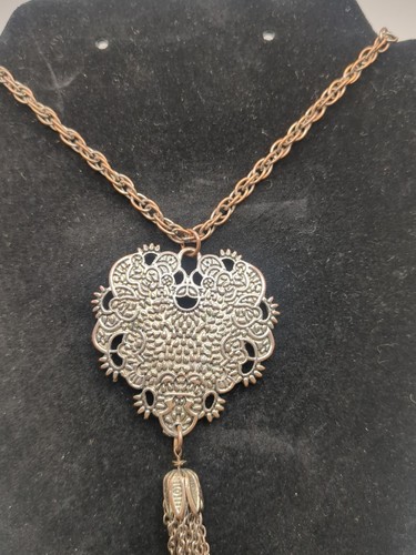 Ruby Rd. Long Pendant Necklace – Silver & Gold Beaded Chain With Floral Engraved Tassel, Adjustable 32\"