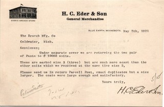 HG Eder & Son Blue Earth MN 1921 Letterhead General Merchandise Arcade Store