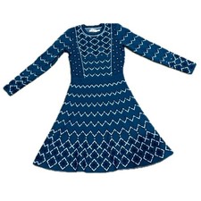 👗🏫 ELIZA J Geo Knit Fit & Flare Dress | Preppy Teal Blue White Sweater Dress S