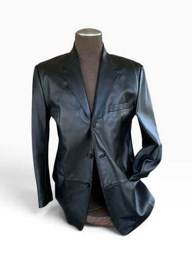 Vtg J. Ferrar Men's Black Genuine Leather Blazer Jacket Two-Button Coat Size M image 2