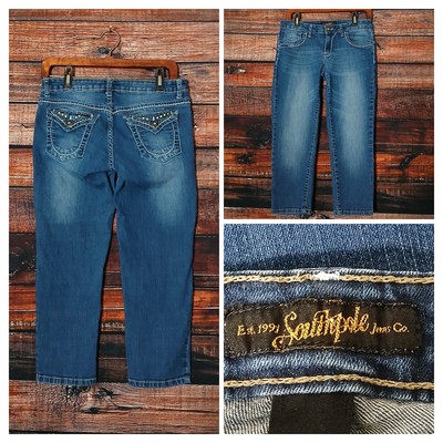 SouthPole Capri Jeans 9 Y2K Embellished Low Rise Blue Denim Stretch Rhinestone 