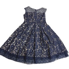 Eliza J Dress Womens Size 4 Blue Lace Illusion Yoke Fit Flare Polka Dot Tulle
