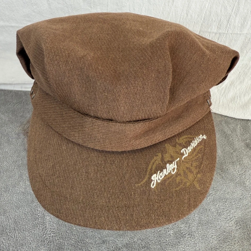 Harley-Davidson Women Brown Newsboy Fiddler Cap Hat Embroidered Logo Cotton Y2K - Image 2 of 4