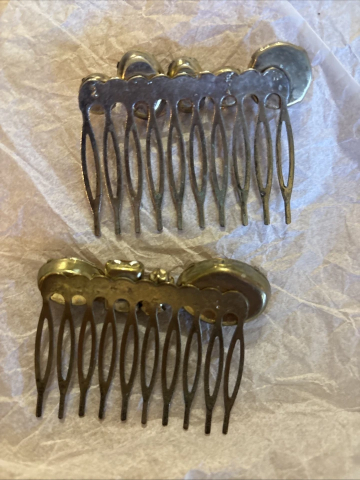 Vintage Metal Rhinestone Bridal Pair Hair Combs 1950-60’s Flat Brass Soldered - Image 4 of 4