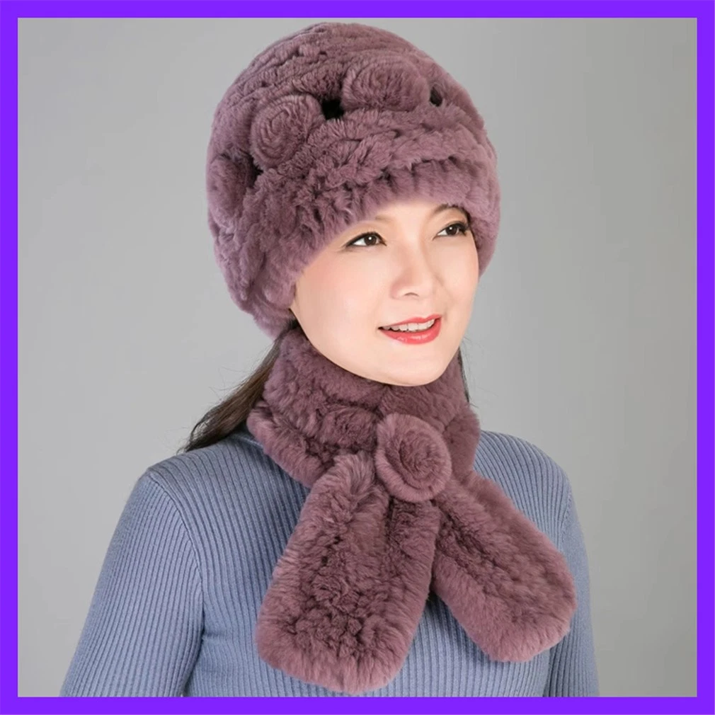100% Real Rabbit Fur Hat and Scarf Thicken Winter Warm Knitted Cap for Women