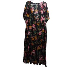 Beachy Vacation Black Floral Maxi Wrap Cover Up Dress Flutter Sleeve Size 2X