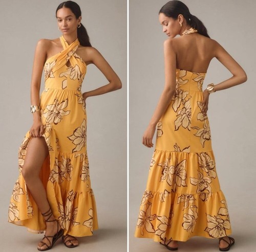 Anthropologie Size 8 Hutch Floral Halter Maxi Dress Maize NWT