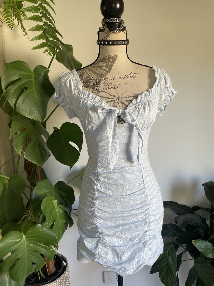 Coquette Blue Daisy Print Ruched Puff Sleeve Bodycon Mini Dress 6 Goth Gothic