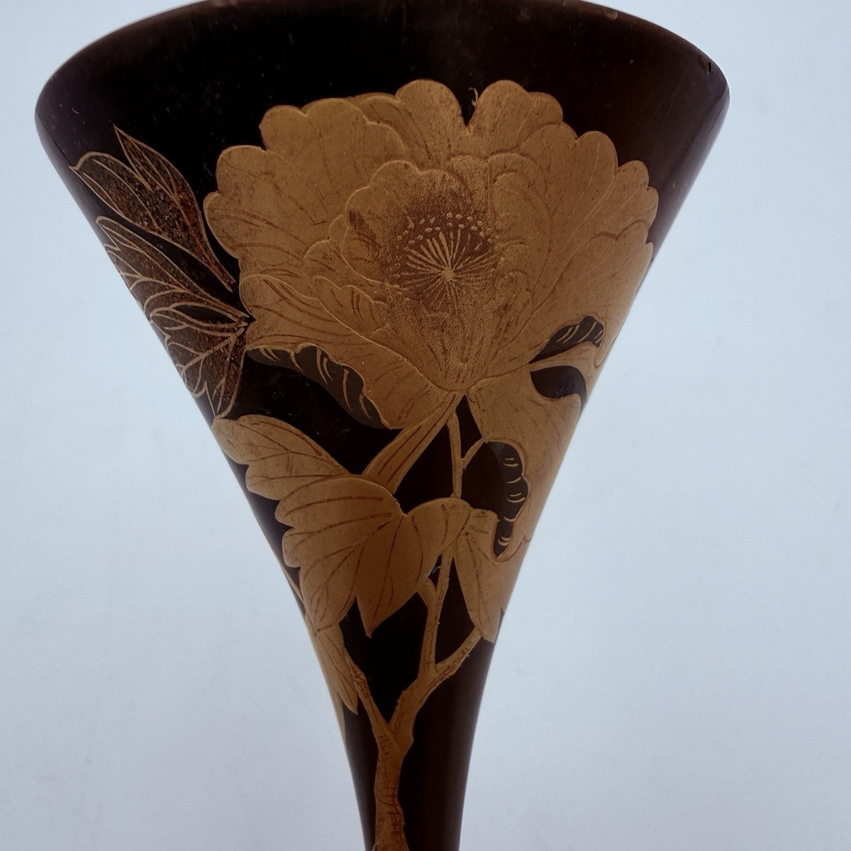 Vintage Japanese Lacquerware Stemmed Cup Brown Gold Flower Peony