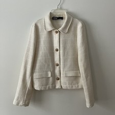 Zara Tweed Blazer Women's Sm Ivory Cream Button Front Classic Mod Professional
