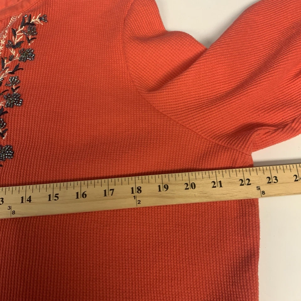 Top Woman Within 1X Tejido Waffle Henley Bordado Floral Cuentas Coral Boho Foto 4 de 4