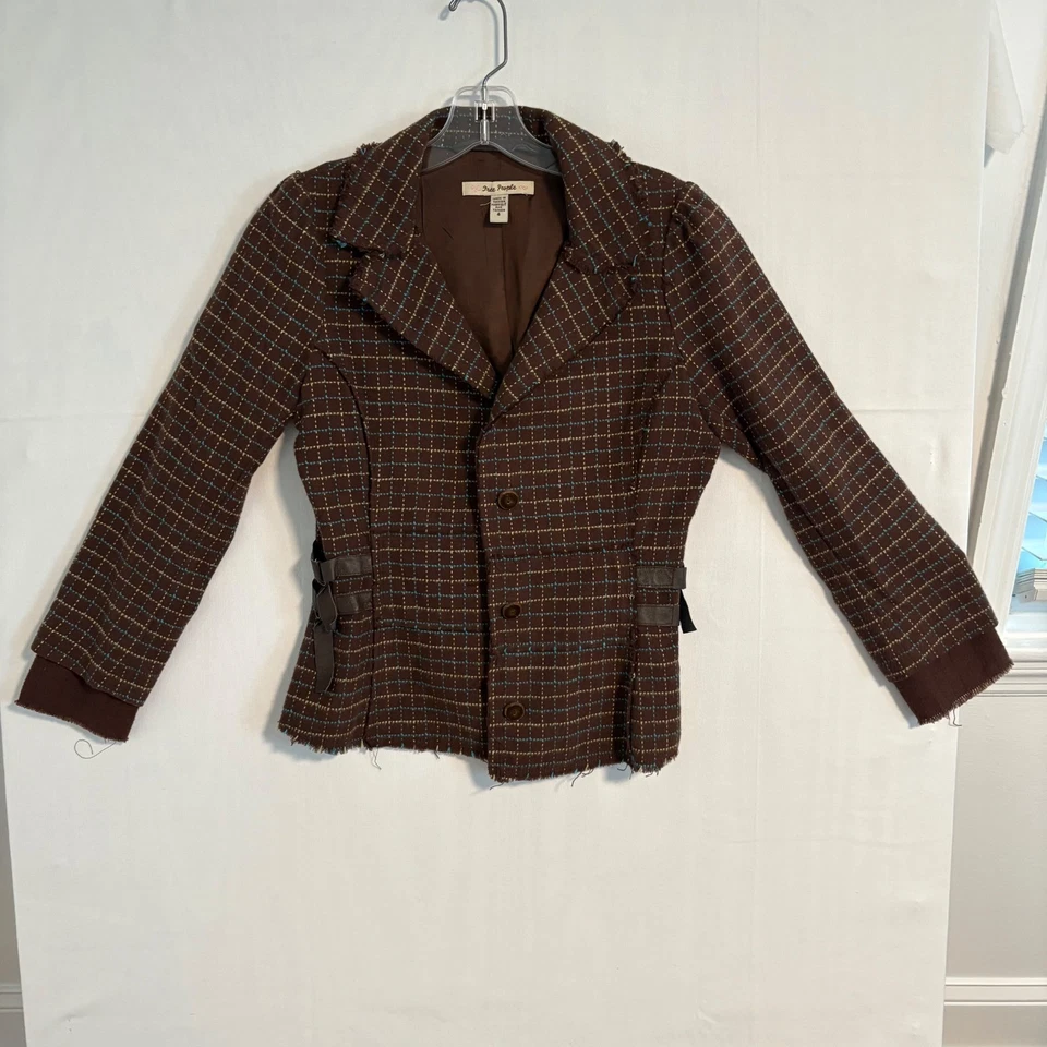 Chaqueta Blazer Free People Marrón Tweed a Cuadros Borde de Flecos Detalle de Cuero Talla 4 Foto 3 de 4