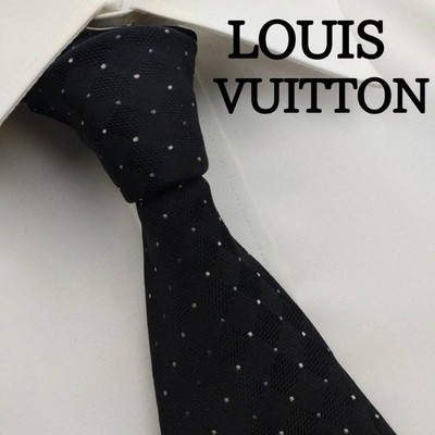 LOUIS VUITTON Dot Pattern LV Logo Luxury Silk Mens Business Dress Necktie Black