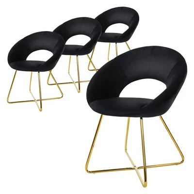 Lot de 4 chaises de salle à manger noir en velours dossier demi-coque pied doré - Photo 1/4