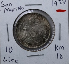 1937 San Marino 10 LIRE Silver 0.835 Km 10 Coin 10 g ED
