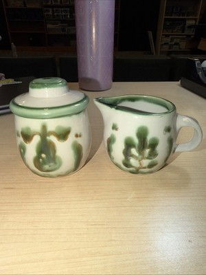 M A Hadley Pottery Cream and Covered Sugar Bowl Set Pear & Grapes Green/Pink