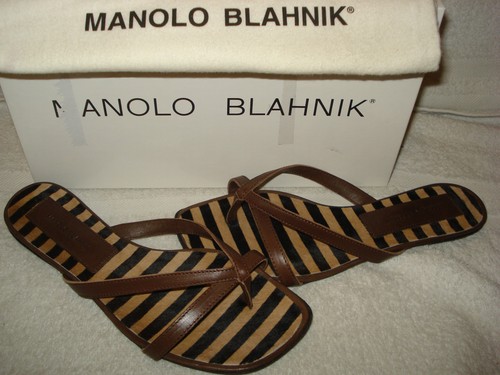 100% AUTHENTIC NEW WOMEN MANOLO BLAHNIK BEYAZINA ZEBRA THONG SANDALS US 6.5