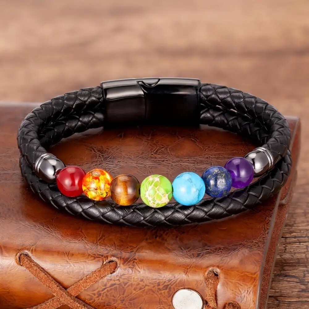 Men Leather Chakra Bracelet Healing Stone Bead Bangle Women Gifts Yoga  Bracelets