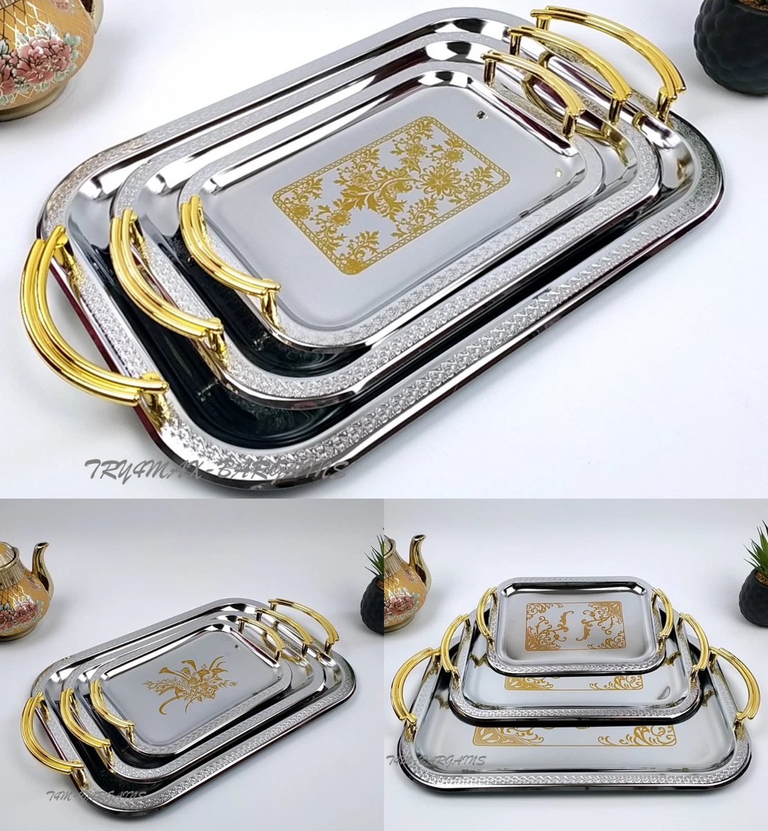 3pcs Serving Tray Set With Carry Handle Steel Classic Gold Plated  Lightweight