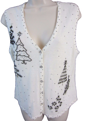 Designers Originals Studio Christmas Vest Sz S White Beaded Button Womens CC37
