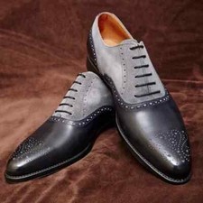 Handmade Men Dress Leather  Suede Two Tone Shoes,Men Black  Gray Formal Shoes