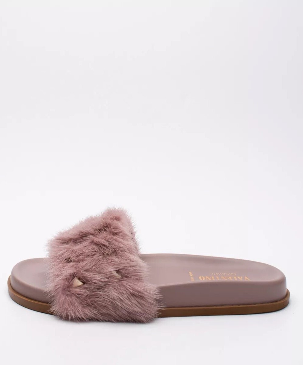 【関税&送料込】Valentino Garavani Furry Slide Slippers VALENTINO GARAVANI Mink Fur Sandals US10 EU40 UK7 Rockstuds