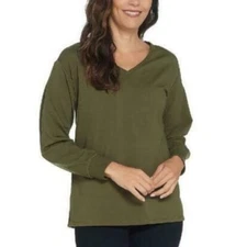 H by Halston French Terry Sweatshirt Size XS Dark Olive Long Sleeve V Neck Tunic