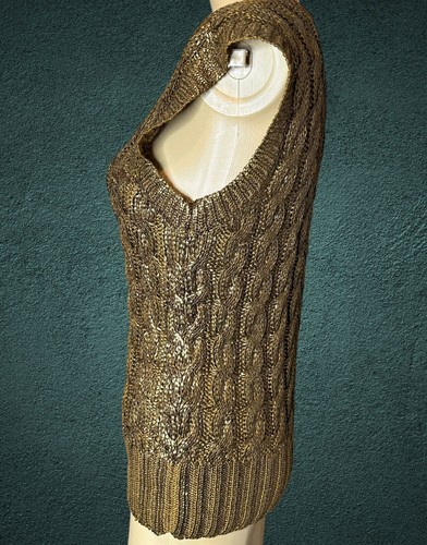Oscar De La Renta Women Vest Sweater Medium Brown Metallic Knitted 100% Silk - Picture 3 of 15