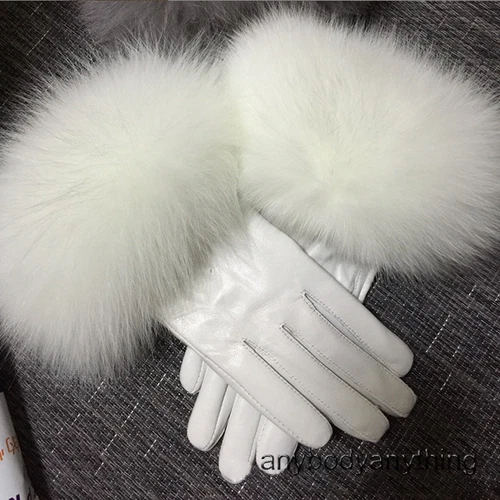 Women Genuine Lambskin Leather Gloves With Real Fox Fur Trim Cuff Winter Warm - Picture 17 of 24