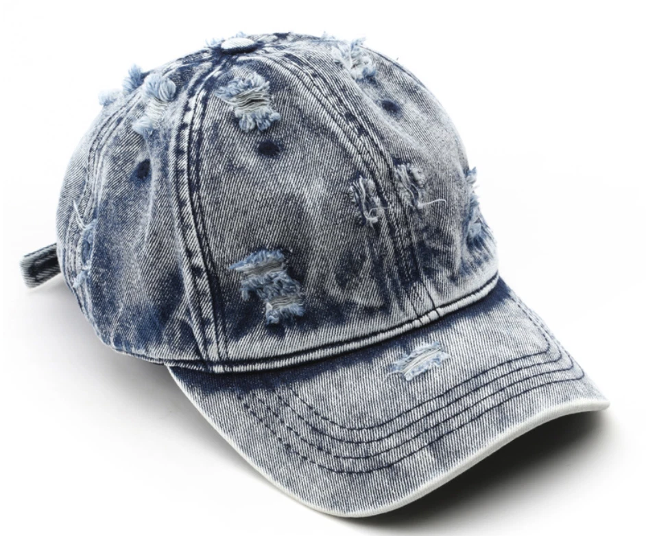 Summer Women Men Washed Denim Baseball Cap Distressed Ripped Jean Hat Adjustable