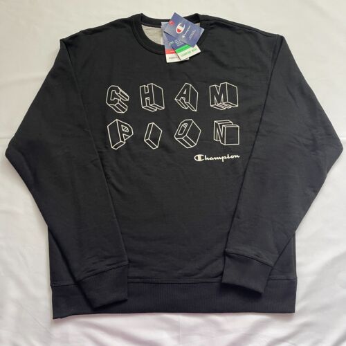 New Men Champion Powerblend Fleece Crew Neck Sweatshirt Block Logo Black size L - Picture 2 of 14