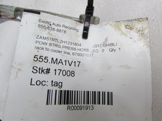 Maserati Ghibli, Steering Rack to Cooler Line, Used, P/N 670007691