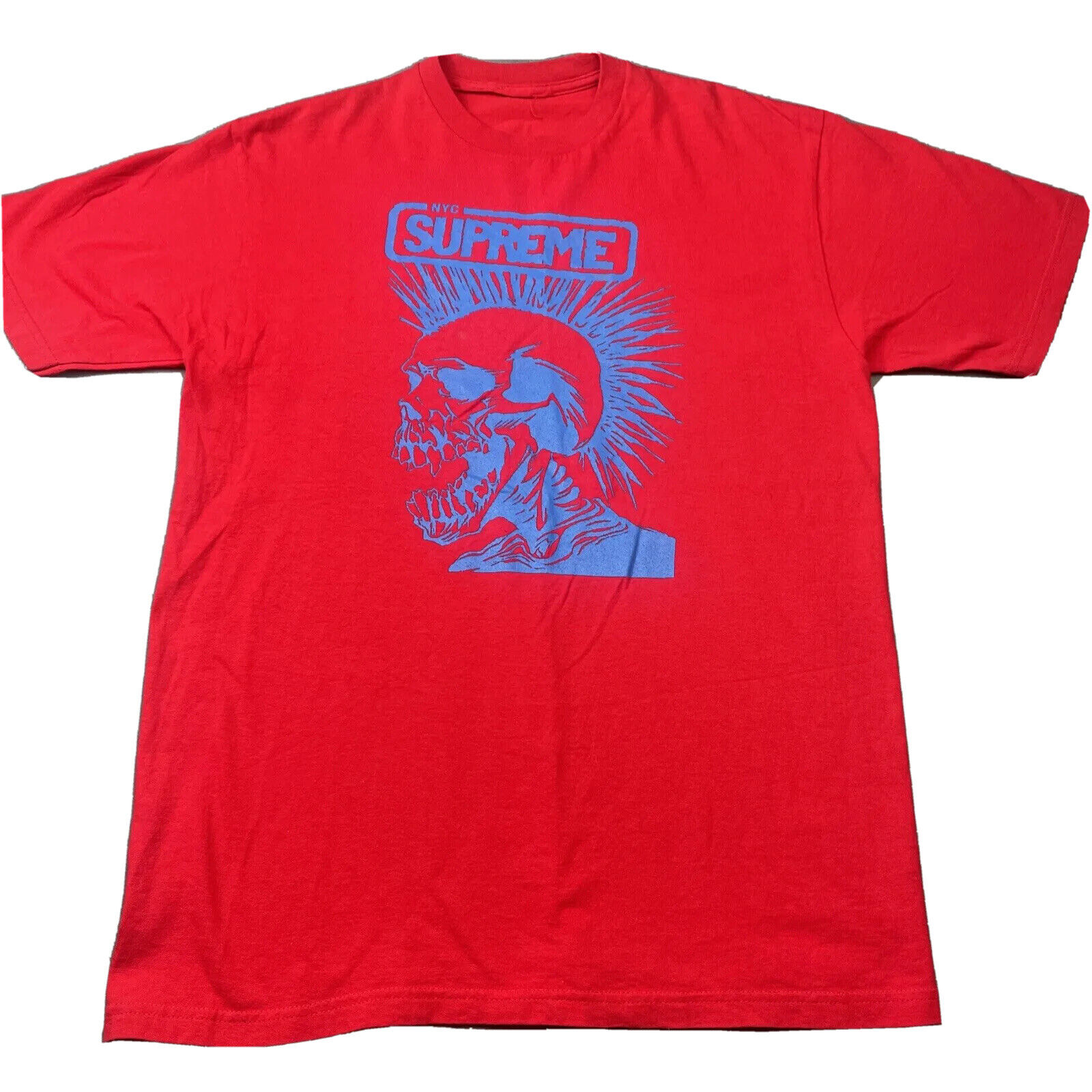 VTG NYC Supreme Logo Red T Shirt Size Large Blue Graphic Skeleton Mohawk Rare