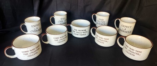 NEW Vintage Set of 9 Wildflower Speckled Stoneware Coffee Mug, Religious Message - Picture 2 of 7