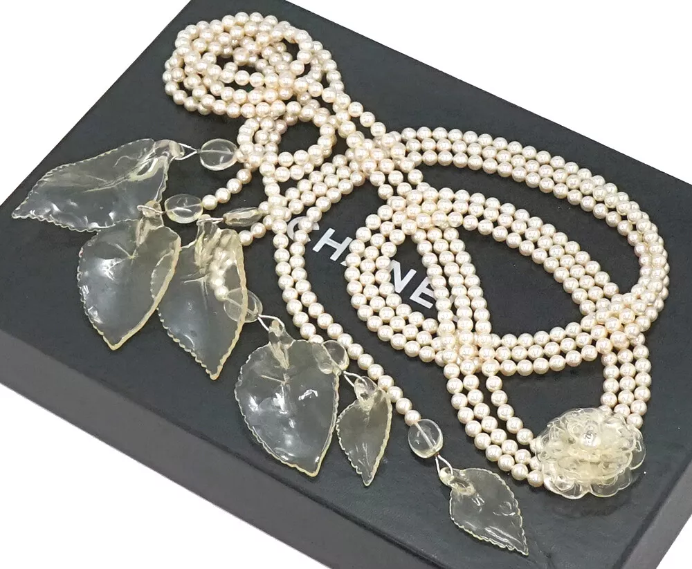 CHANEL Lucite Camellia Lariat Multi Strand pearl Necklace 53 Auth 03P w/BOX