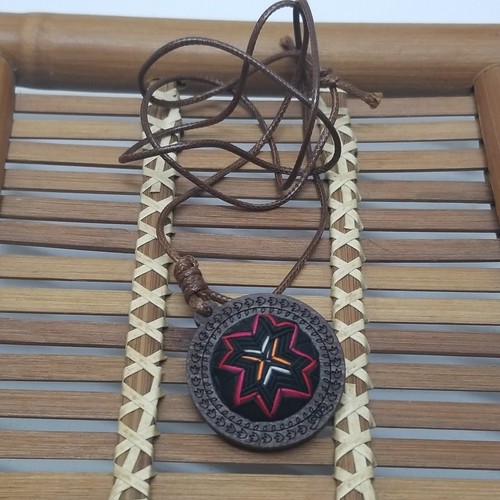 Tribal Folded Silk Hand Embriodery Round Lucky Charm Pendant on Wood - Picture 2 of 6