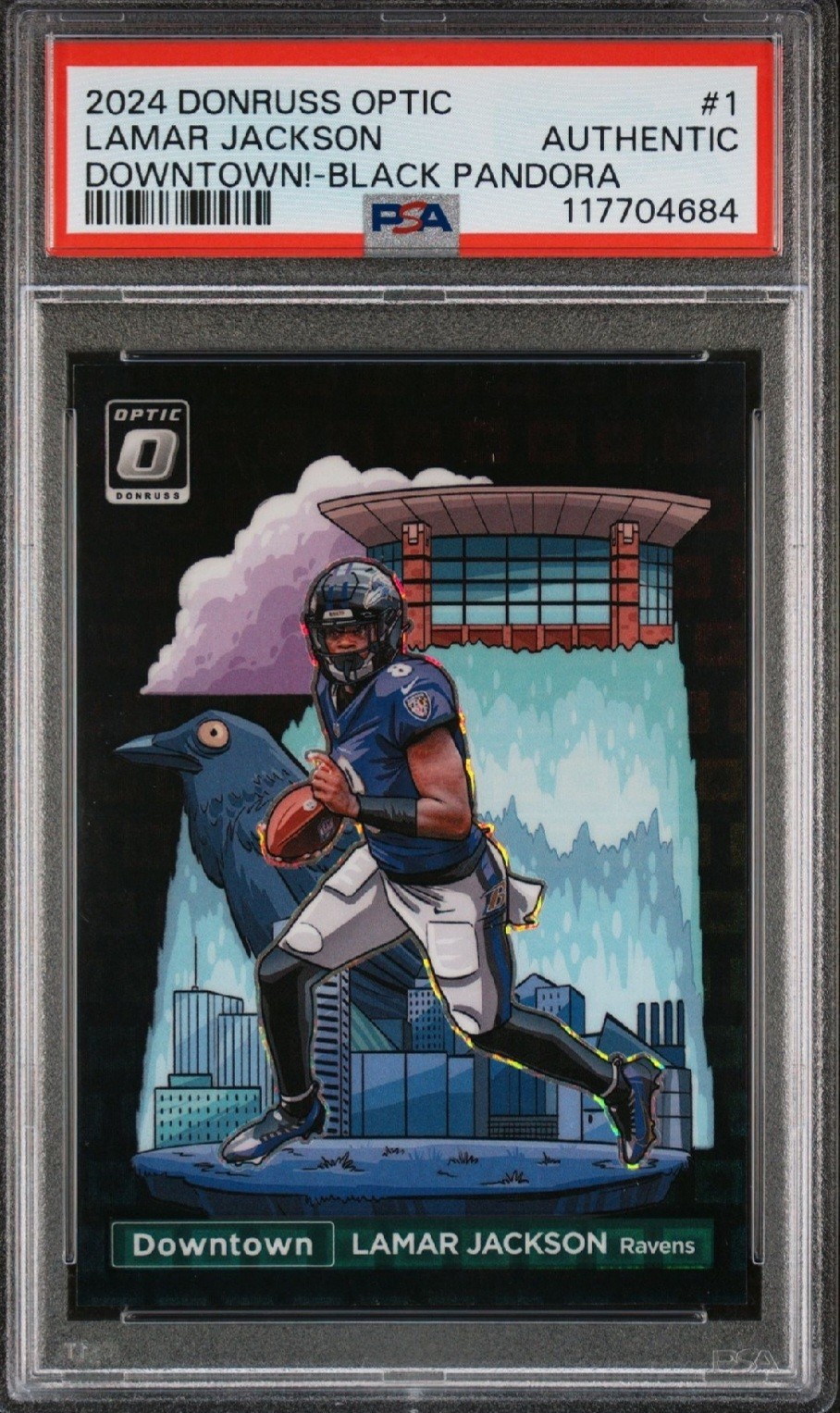 2024 Panini Optic Lamar Jackson Downtown! Black Pandora /25 Color Match Case Hit