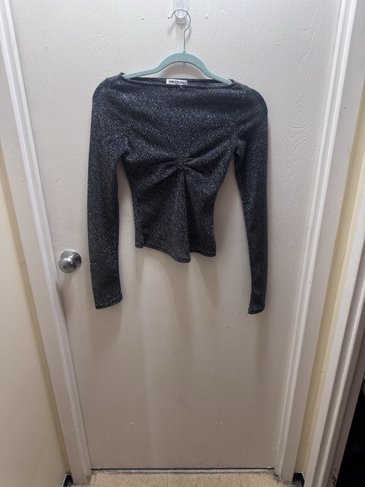 Princess Polly Metallic Black Long Sleeve Top Size US 0 Women's