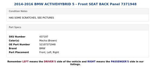 2014-2016 BMW ACTIVEHYBRID 5 - Front SEAT BACK Panel 7371948 - Picture 5 of 6