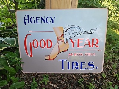 LARGE VINTAGE GOODYEAR TIRES PORCELAIN METAL GAS STATION SIGN TIRE 24'' X 18''...