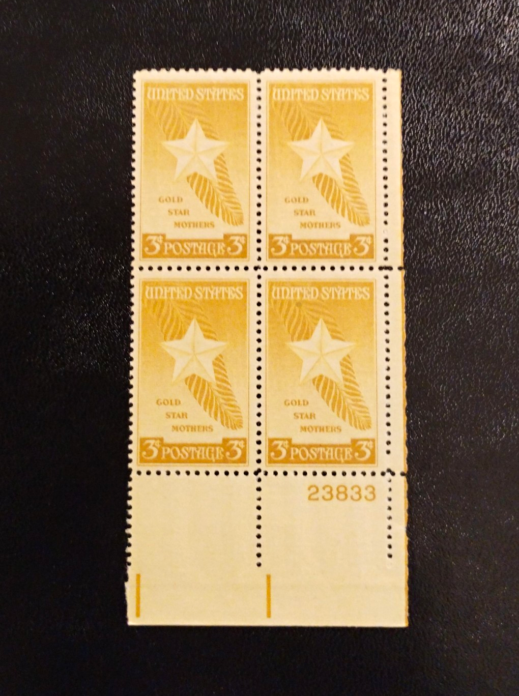 United States Gold Star Mothers 3¢ Gold Plate Block of 4 MNH Ungraded