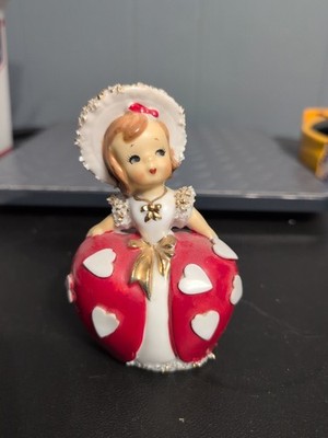 Vintage Lefton Valentine Girl Red Dress Bell Figurine Spaghetti Trim Hat 1950s
